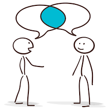 Twee stickman poppetjes met elk een leeg praatwolkje boven hun hoofd. Waar de praatwolkjes elkaar overlappen is het blauw.